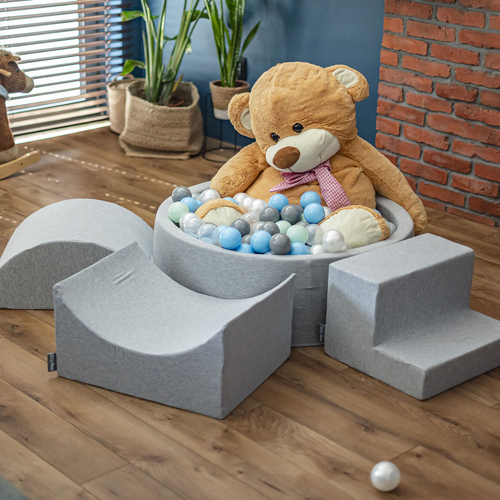 KiddyMoon Piscine à Balles ∅ 7Cm pour Bébé Quart Angulaire Fabriqué En UE, gris clair:transparent/gris/blanc/rosa/menthe, 90x30cm/200 balles