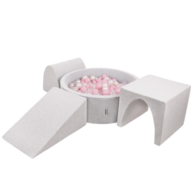 KiddyMoon Aire De Jeux en Mousse avec Rond Piscine à Balles pour Enfants, gris clair: rose poudré/perle/transparent, Piscine (200 Balles) + Version 2