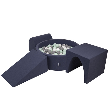KiddyMoon Aire De Jeux en Mousse avec Rond Piscine à Balles pour Enfants, bleu foncé:blanc/gris/menthe, Piscine (200 Balles) + Version 2