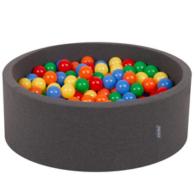 KiddyMoon Piscine à Balles ∅ 7Cm pour Bébé Rond Fabriqué En UE, gris foncé: jaune/vert/bleu/rouge/orange, 90x30cm/200 balles