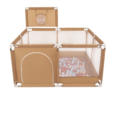 parc bébé avec balles plastiques aire de jeu pliable basket, beige : beige pastel/bleu pastel/saumon, 100 balles