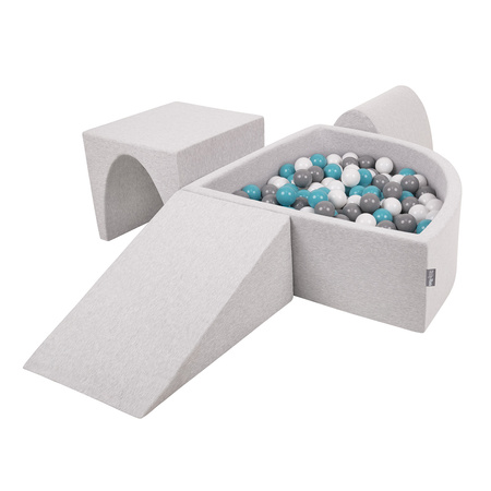 KiddyMoon Aire De Jeux en Mousse avec Quart Angulaire Piscine À Balles pour Bébé, gris clair: gris/blanc/turquoise, Piscine (200 Balles) + Version 2