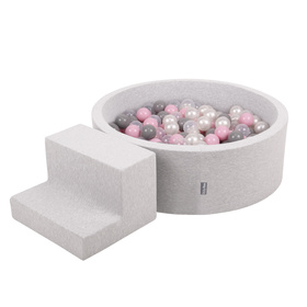 KiddyMoon Aire De Jeux en Mousse avec Rond Piscine à Balles pour Enfants, gris clair: perle/gris/transparent/rose poudré, Piscine (200 Balles)+ Marches