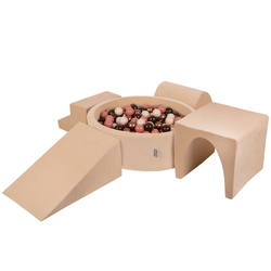 KiddyMoon Aire Velvet De Jeux en Mousse avec Rond Piscine à Balles pour Enfants, beige sableux: brun/cuivre/beige pastel/saumon, Piscine (200 Balles) + Version 3