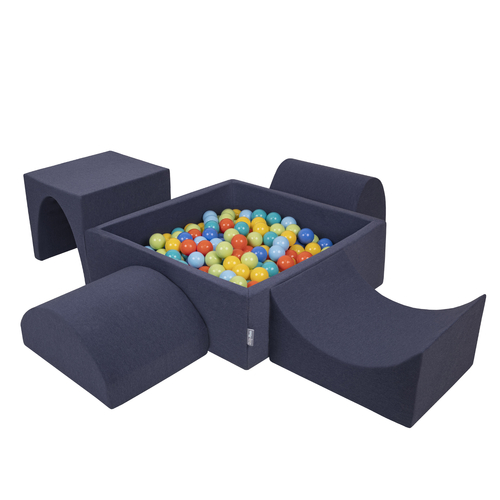KiddyMoon Aire De Jeux en Mousse avec Carré Piscine À Balles pour Enfants, bleu foncé:vertClr/orange/turq/bleu/babybl/jaune, Piscine (300 Balles) + Version 1
