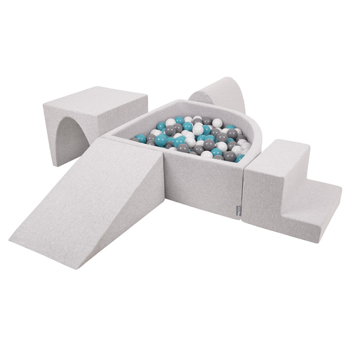 KiddyMoon Aire De Jeux en Mousse avec Quart Angulaire Piscine À Balles pour Bébé, gris clair: gris/blanc/turquoise, Piscine (200 Balles) + Version 3