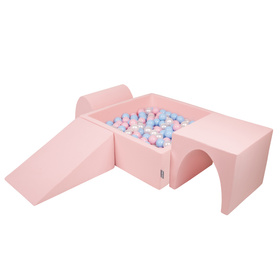 KiddyMoon Aire De Jeux en Mousse avec Carré Piscine À Balles pour Enfants, rose:babyblue/rose poudre/perle, Piscine (200 Balles) + Version 2