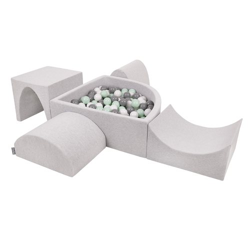KiddyMoon Aire De Jeux en Mousse avec Quart Angulaire Piscine À Balles pour Bébé, gris clair: blanc/gris/menthe, Piscine (300 Balles) + Version 1