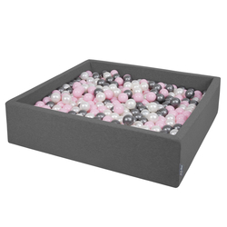 KiddyMoon Piscine À Balles Grande Carré pour Bébé, Fabriqué en UE, gris foncé: perle-rose poudré-argent, 120x30cm/200 balles