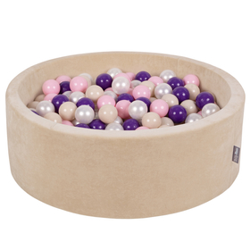 KiddyMoon Velours Piscine à Balles ∅7Cm pour Bébé Rond Fabriqué en EU, beige sableux: beige pastel/rose poudré/perle/violet, 90x30cm/300 balles