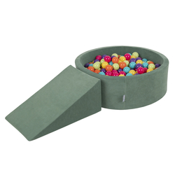 KiddyMoon Aire Velvet De Jeux en Mousse avec Rond Piscine à Balles pour Enfants, vert forêt: vert clair/turquoise/orange/rose foncé/violet, Piscine (100 Balles)+ Pente