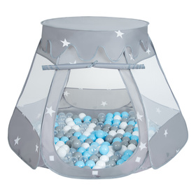 Tente Château Pour Enfants Tente de Jeu Avec Balles Colorées Jouet Cabane Pop-up Château Facile À Monter Maison de Jeu Pour Intérieur et Extérieur, gris: gris-blanc-transparent-babyblue, 105x90cm/100 balles