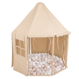 KiddyMoon Tente de Jeu Maison Pour Enfants En Forme De Pavillon De Jeu Pliable Tente Pop-Up Espace De Jeu Spacieux Et Confortable En Intérieur Et Extérieur, naturel: beige pastel/blanc/perle, 100 Balles