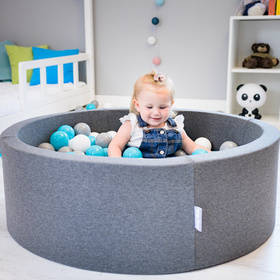 KiddyMoon Piscine à Balles ∅ 7Cm pour Bébé Rond Fabriqué En UE, gris foncé: turquoise clair/blanc/transparent, 90x30cm/300 balles