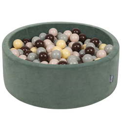 KiddyMoon Velours Piscine à Balles ∅7Cm pour Bébé Rond Fabriqué en EU, vert forêt: beige pastel/gris de vert/jaune pastel/brun, 90x30cm/200 Balles