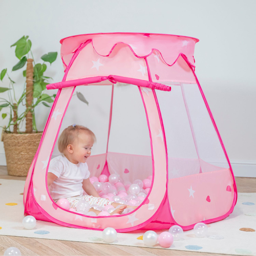Tente Château Pour Enfants Tente de Jeu Avec Balles Colorées Jouet Cabane Pop-up Château Facile À Monter Maison de Jeu Pour Intérieur et Extérieur, rose: perle-transparent, 105x90cm/200 balles