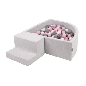 KiddyMoon Aire De Jeux en Mousse avec Quart Angulaire Piscine À Balles pour Bébé, gris clair: blanc/gris/rose poudré, Piscine (200 Balles)+ Marches