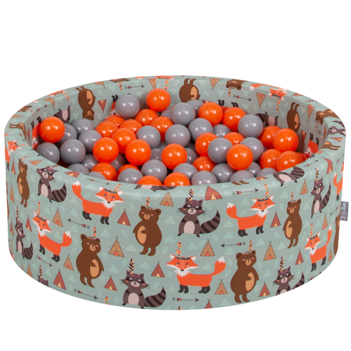 KiddyMoon Piscine à Balles ∅ 7Cm pour Bébé Rond Fabriqué En UE, renard-vert:orange/gris, 90x30cm/200 balles