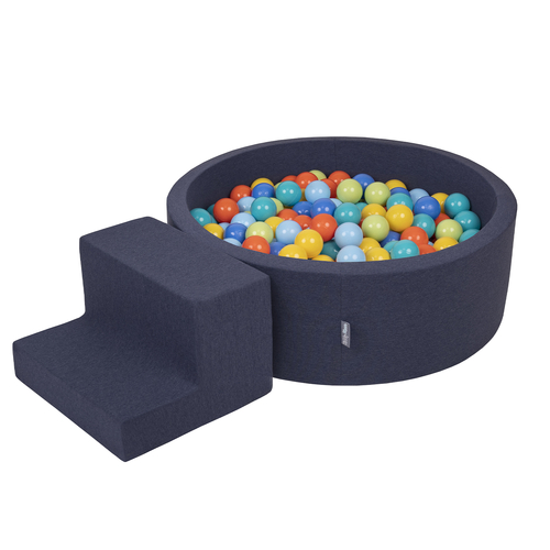 KiddyMoon Aire De Jeux en Mousse avec Rond Piscine à Balles pour Enfants, bleu foncé:vertClr/orange/turq/bleu/babybl/jaune, Piscine (100 Balles) + Marches