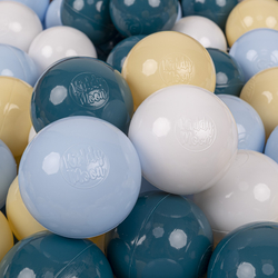 KiddyMoon Balles Colorées Plastique ∅7cm pour Piscine Enfant Bébé Fabriqué en EU, turquoise foncé/bleu pastel/jaune pastel/blanc, 300 Balles/7cm