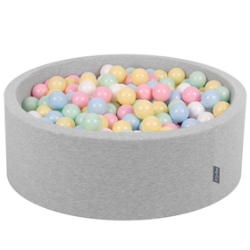 KiddyMoon Piscine à Balles ∅ 7Cm pour Bébé Rond Fabriqué En UE, gris clair:bleu pastel/jaune pastel/blanc/menthe/rose poudré, 90x30cm/200 balles