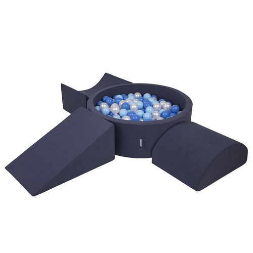 KiddyMoon Aire De Jeux en Mousse avec Rond Piscine à Balles pour Enfants, bleu foncé:babyblue/bleu/perle, Piscine (300 Balles) + Version 4