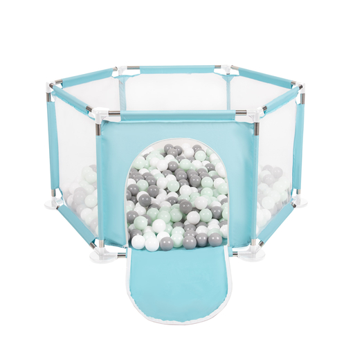 parc bébé hexagonal pliable avec balles plastiques, Mentha:blanc/gris/mentha, 400 balles