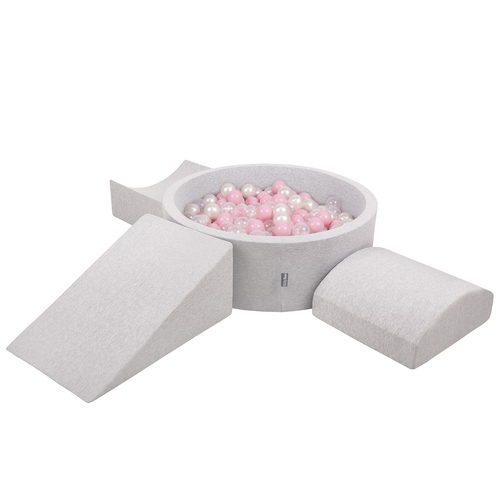 KiddyMoon Aire De Jeux en Mousse avec Rond Piscine à Balles pour Enfants, gris clair: rose poudré/perle/transparent, Piscine (200 Balles) + Version 4