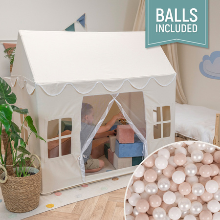 KiddyMoon Tente de Jeu Pour Enfants Maison De Jeu Pliable Tente Enfant Espace Créatif Pour Enfants Coin Douillet Idéal Pour Jouer À L’Intérieur Et À L’Extérieur, naturel: beige pastel/blanc/perle, 300 Balles