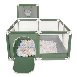 parc bébé avec balles plastiques aire de jeu pliable basket, vert : beige pastel/bleu pastel/blanc, 100 balles