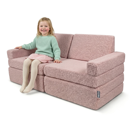 KiddyMoon Canapé Enfant en Mousse et Housse Teddy, Modulaire et Pliable, avec 2 Coussins, pour Jouer, Lire et se Détendre, rose, Canapés avec 2 Oreillers