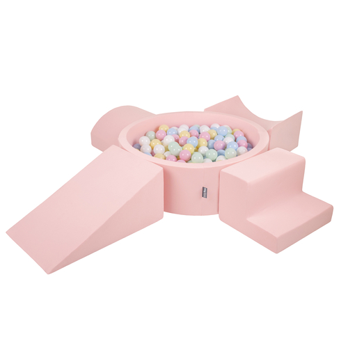 KiddyMoon Aire De Jeux en Mousse avec Rond Piscine à Balles pour Enfants, rose: bleu pastel/jaune pastel/blanc/menthe/rose poudré, Piscine (200 Balles) + Version 5