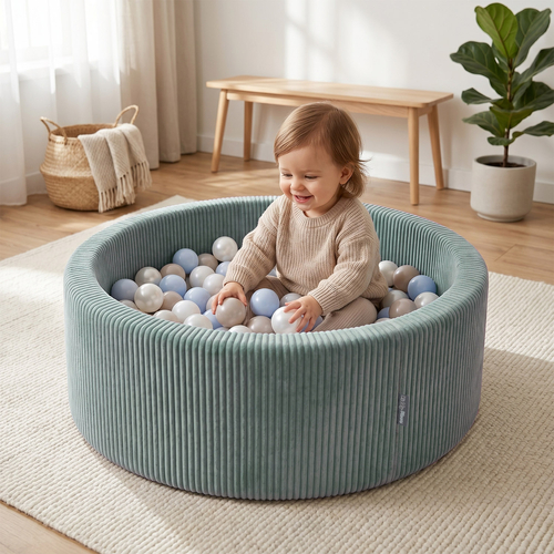 KiddyMoon Piscine Bébé 90 X 30 Cm Avec 200 Balles, Piscine À Balles Pour Bébé Et Enfant, Piscine Enfant En Mousse Douce, Housse Côtelée Lavable, Vert: Blanc/Gris/Menthe, 90x30cm/200 Balles