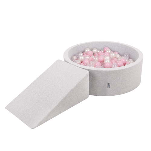 KiddyMoon Aire De Jeux en Mousse avec Rond Piscine à Balles pour Enfants, gris clair: rose poudré/perle/transparent, Piscine (100 Balles)+ Pente