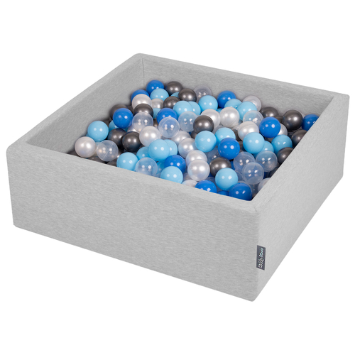 KiddyMoon Piscine à Balles ∅ 7Cm pour Bébé Carré Fabriqué En UE, gris clair: perle/bleu-babyblue/transparent/argent, 90x30cm/300 balles