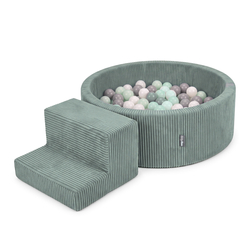 KiddyMoon aire de jeux en mousse avec piscine à balles et marche, vert : blanc/gris/menthe, Piscine (100 Balles) + Marches