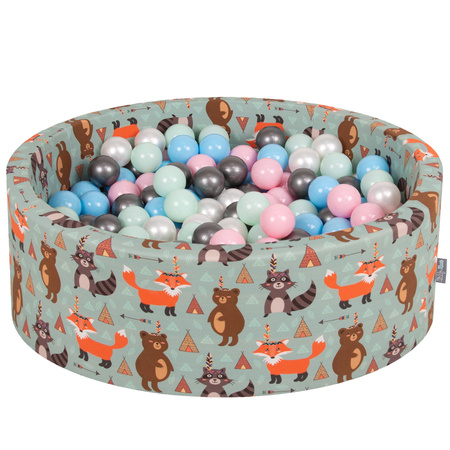 KiddyMoon Piscine à Balles ∅ 7Cm pour Bébé Rond Fabriqué En UE, renard-vert: perle/rose poudr/babybl/menthe/argent, 90x30cm/200 balles