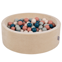KiddyMoon Velours Piscine à Balles ∅7Cm pour Bébé Rond Fabriqué en EU, beige sableux: turquoise foncé/beige pastel/vert de gris/saumon, 90x30cm/300 balles