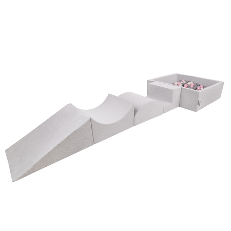 KiddyMoon Aire De Jeux en Mousse avec Carré Piscine À Balles pour Enfants, gris clair: perle/gris/transparent/rose poudré, Piscine (300 Balles) + Version 5