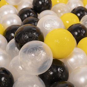 KiddyMoon Balles pour Piscine Colorées 6cm Plastique Enfant Bébé Fabriqué en EU, Noir/ Perle/ Jaune/ Transparent
