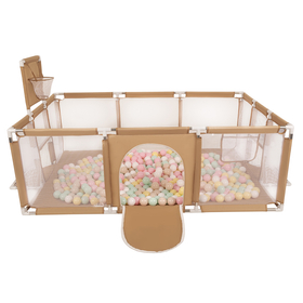 Parc Bébé avec Balles Plastiques Aire De Jeu Pliable Basket Football, beige : beige pastel/jaune pastel/blanc/menthe/rose poudré, 100 balles