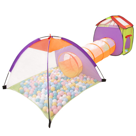 3en1 Tente de Jeux avec Tunnel Piscine à Boules avec Balles pour Enfants, mix:balnc/jaune/babyblue/rose poudré/turquoise, 100 balles