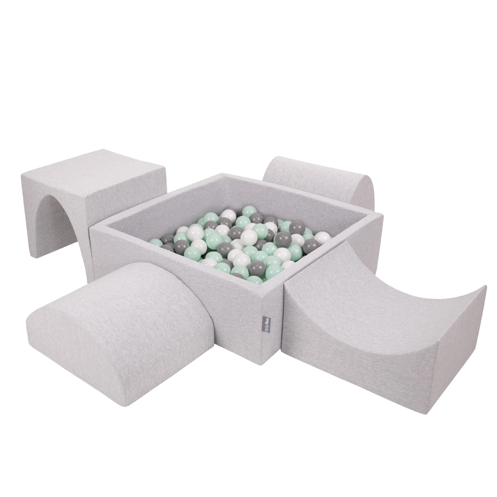 KiddyMoon Aire De Jeux en Mousse avec Carré Piscine À Balles (200 Balles) Fosses À Boules pour Enfants Jouets Parcours Obstacles, Fabriqué en UE, Rose:Perle/Gris/Transparent/Rose Poudré