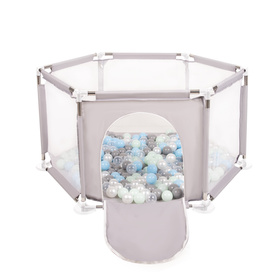 parc bébé hexagonal pliable avec balles plastiques, Gris:perle/gris/transparent/babyblue/mentha, 200 balles