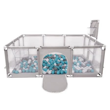 Parc Bébé avec Balles Plastiques Aire De Jeu Pliable Basket Football, gris: gris/blanc/transparent/turquoise, 100 balles