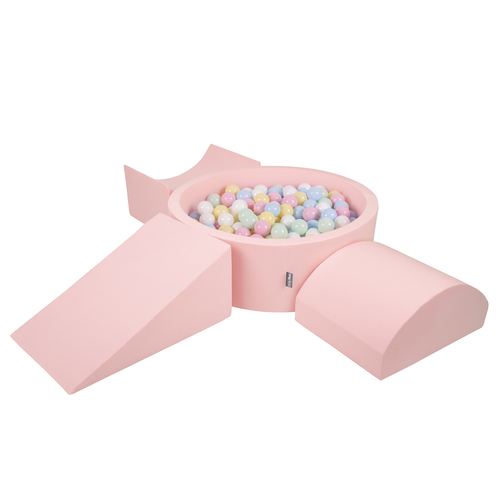 KiddyMoon Aire De Jeux en Mousse avec Rond Piscine à Balles pour Enfants, rose: bleu pastel/jaune pastel/blanc/menthe/rose poudré, Piscine (300 Balles) + Version 4