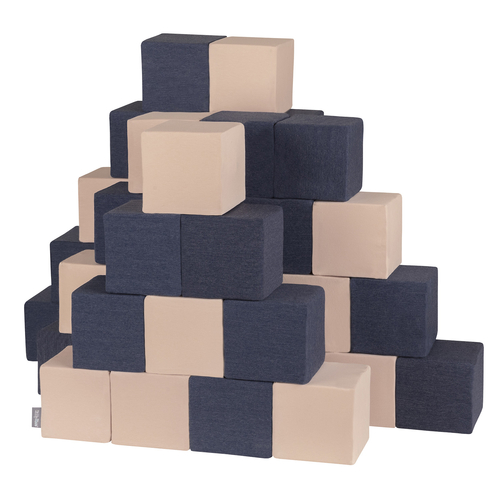 KiddyMoon Blocs Souples Jouets pour Bébé Mousse Squeeze Jouer Jouet Éducatif, cubes: bleu foncé/beige, 48 Pieces