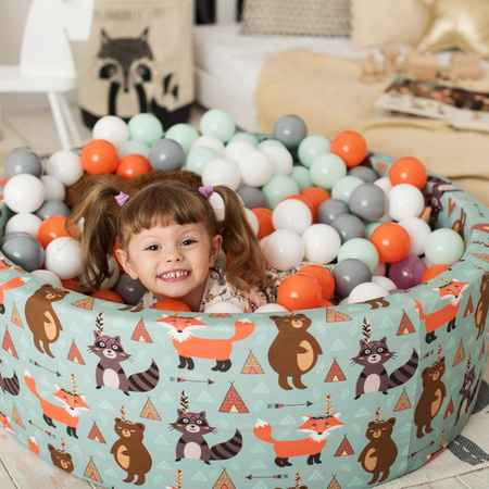 KiddyMoon Piscine à Balles ∅ 7Cm pour Bébé Rond Fabriqué En UE, renard-vert:orange/menthe/gris/blanc, 90x30cm/200 balles