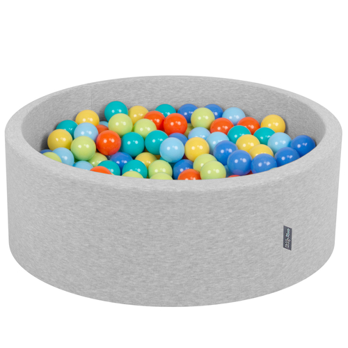 KiddyMoon Piscine à Balles ∅ 7Cm pour Bébé Rond Fabriqué En UE, gris cl.:vert cl/orange/turq/bleu/babyblue/jaune, 90x30cm/300 Balles