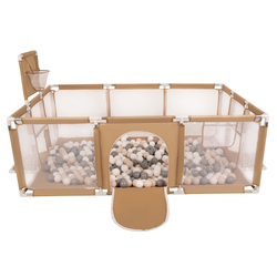 Parc Bébé avec Balles Plastiques Aire De Jeu Pliable Basket Football, beige : beige pastel/gris/blanc, 100 balles